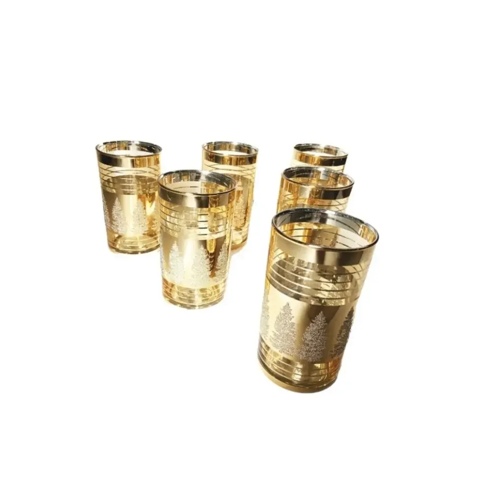 Vintage 1970s Gold Striped Christmas Glasses- Set of 6